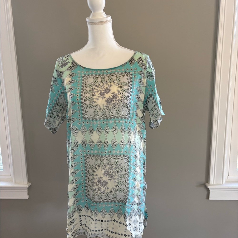 Johnny Was Teal and Cream Patterned Top